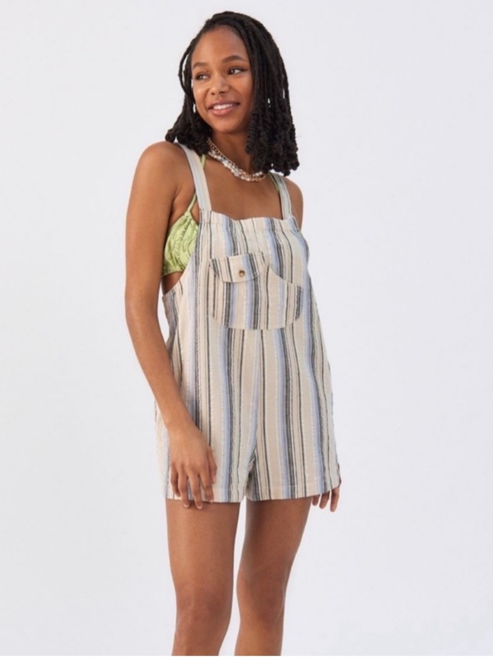 Urban Outfitters | Chelsea Linen Short Overalls | Small | Striped